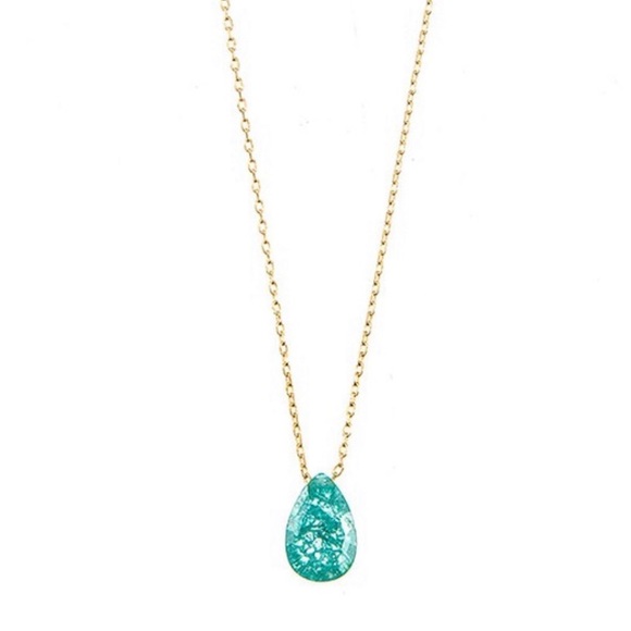 Emerald Teardrop Stone Necklace with Faux Gold 18in Chain - Picture 1 of 3